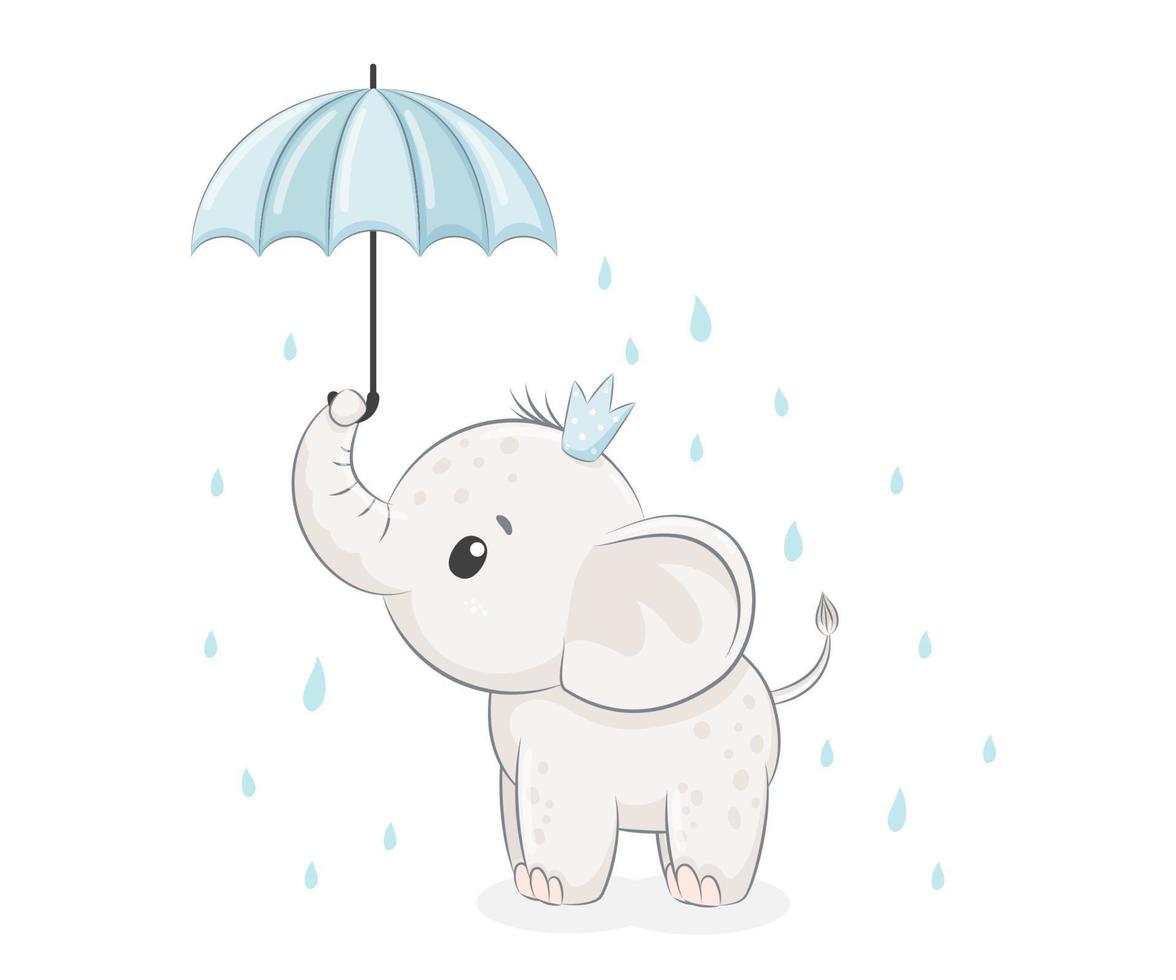 lindo niño elefante con un paraguas. ilustración vectorial de una caricatura. vector
