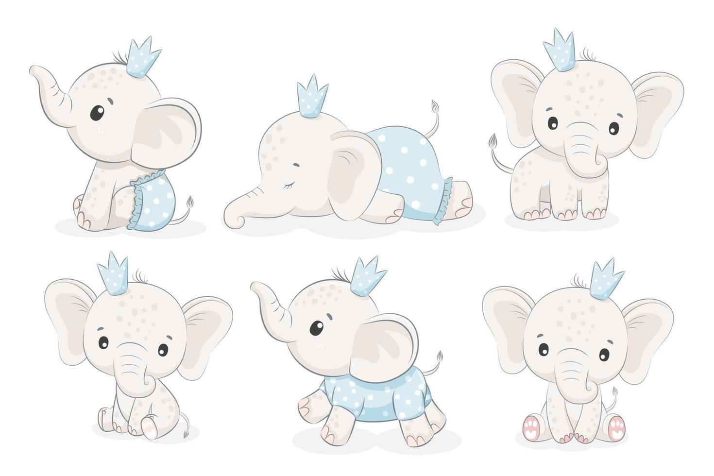 Set of 6 cute elephant boys. Vector illustration of a cartoo