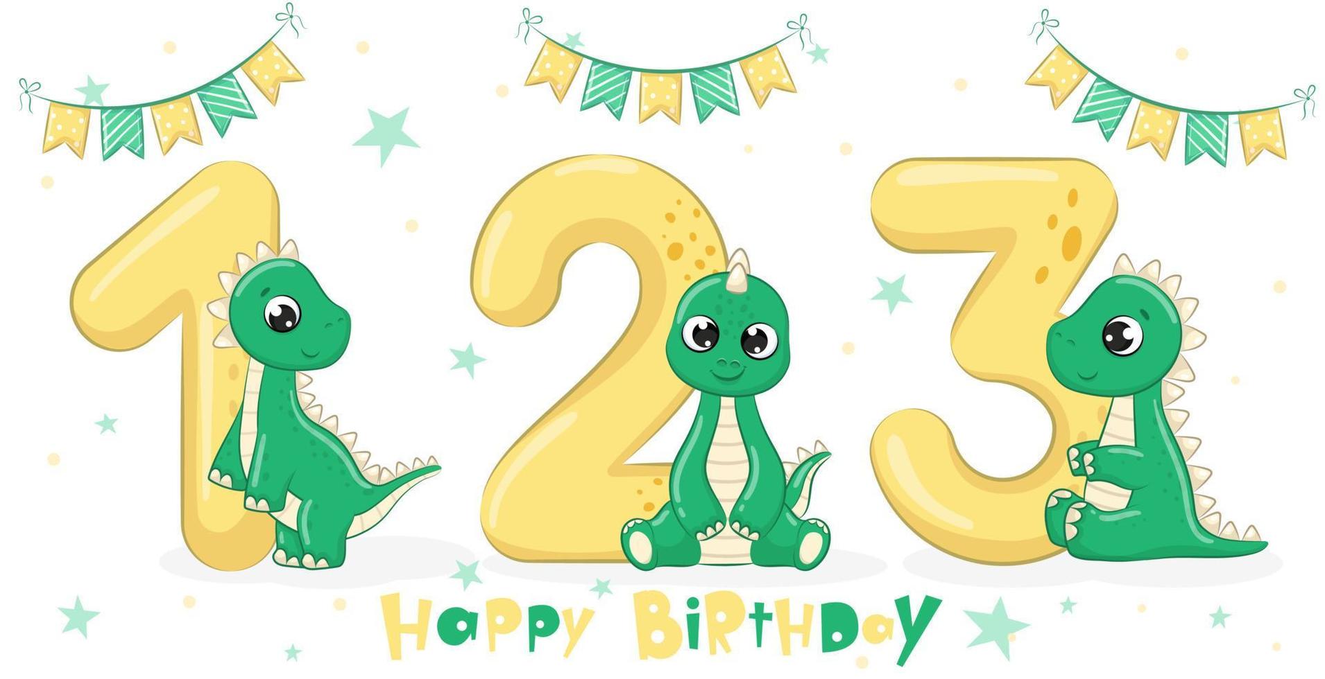 Collection of 3 cute green dinosaurs - Happy birthday, 1,2,3 years. Vector illustration of a cartoon.