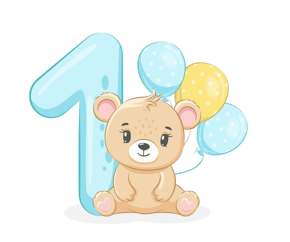 Cartoon illustration - Happy birthday, 1 year, cute baby bear. Vector illustration.