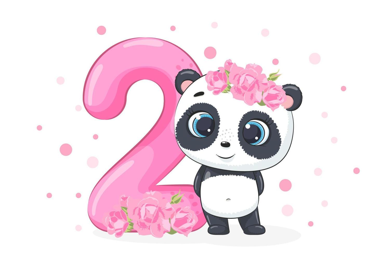 Cartoon illustration - Happy birthday, 2 year, cute panda girl. Vector illustration.