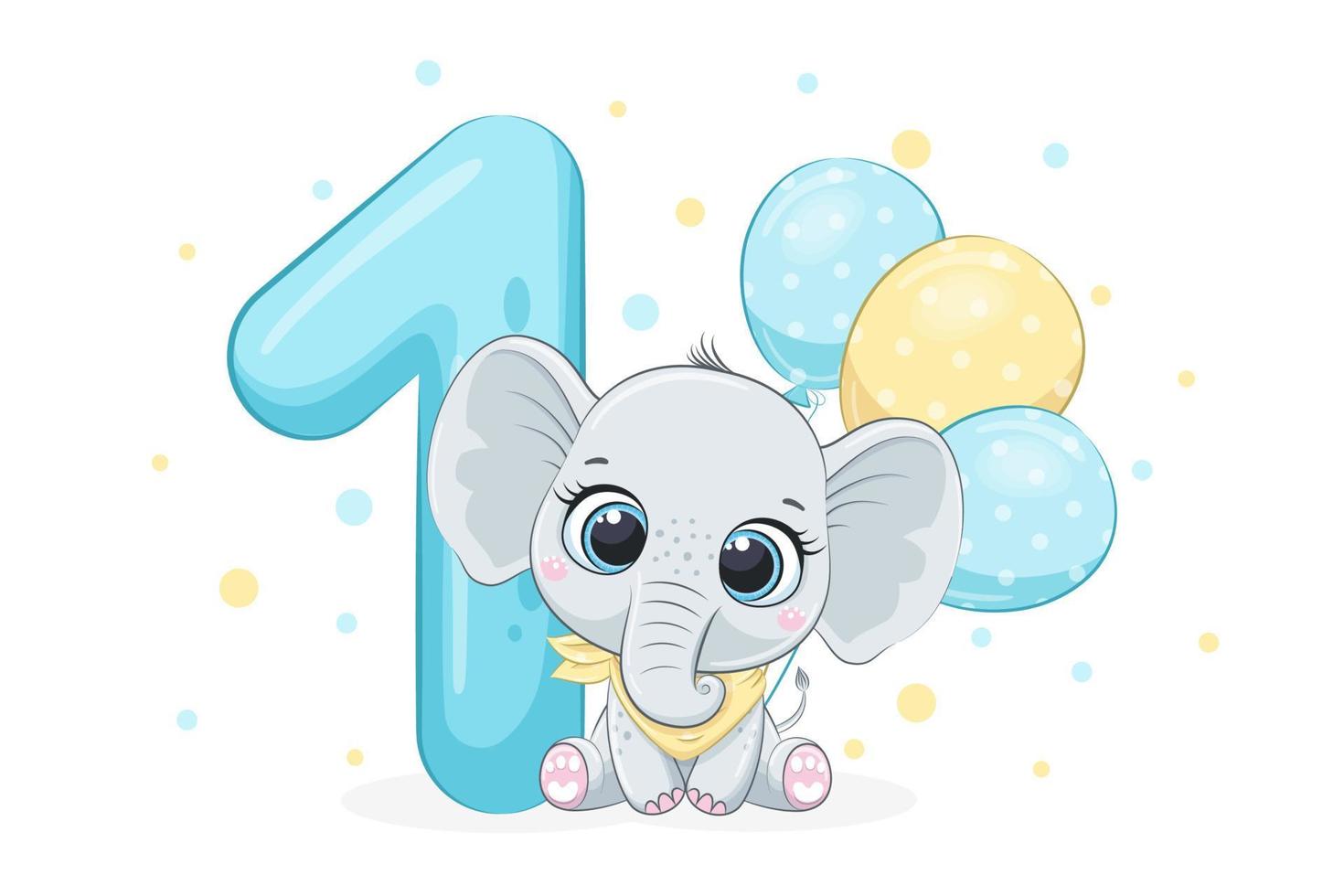 Ilustración de dibujos animados - feliz cumpleaños, 1 año, lindo bebé elefante. ilustración vectorial. vector