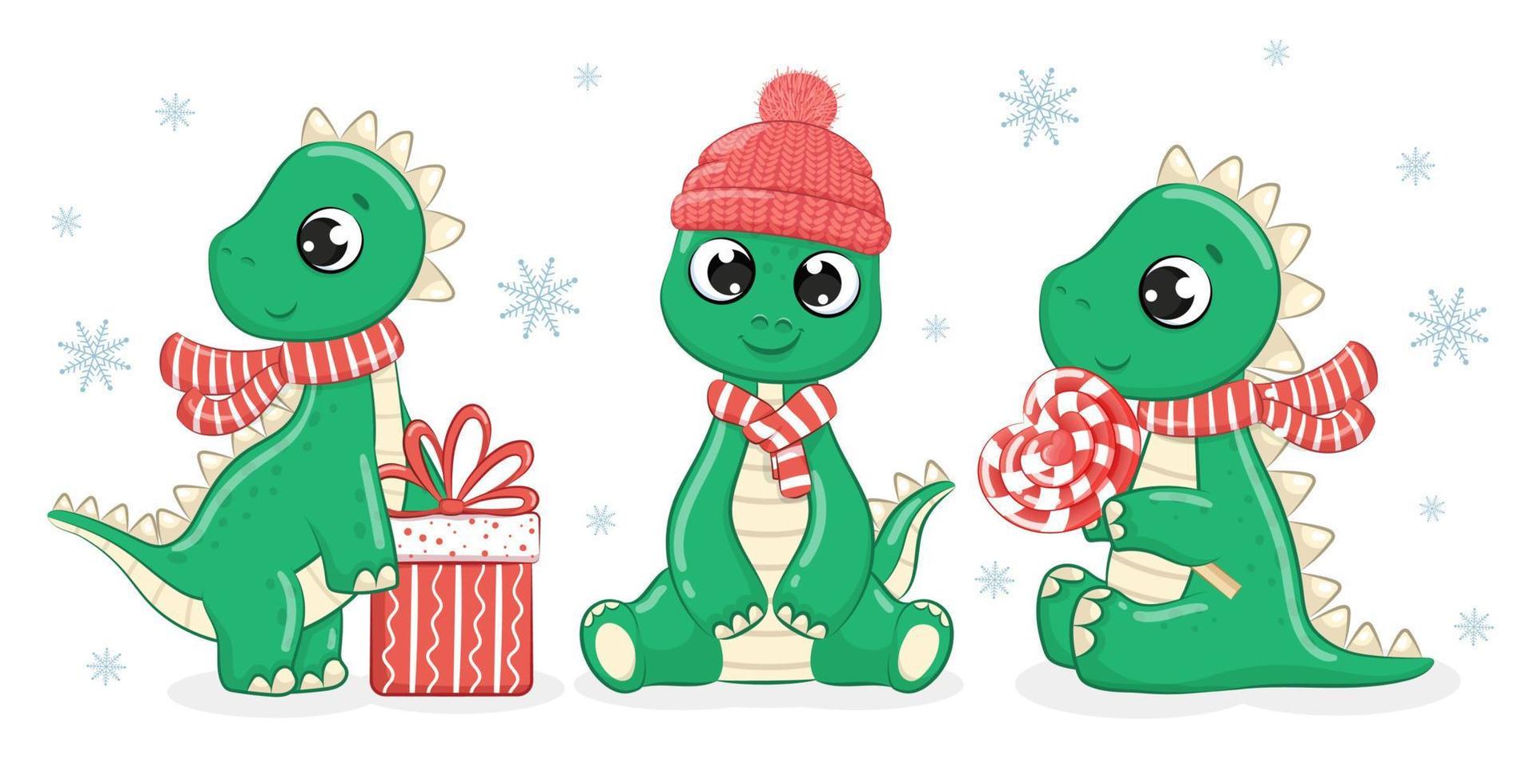 una colección de 3 lindos dinosaurios para el nuevo año. ilustración de dibujos animados de vector. vector