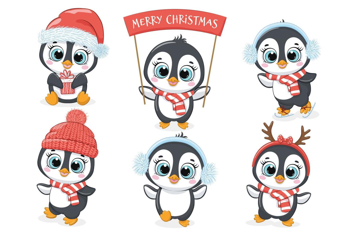 A collection of 6 cute penguins for the New Year and Christmas. Vector cartoon illustration.