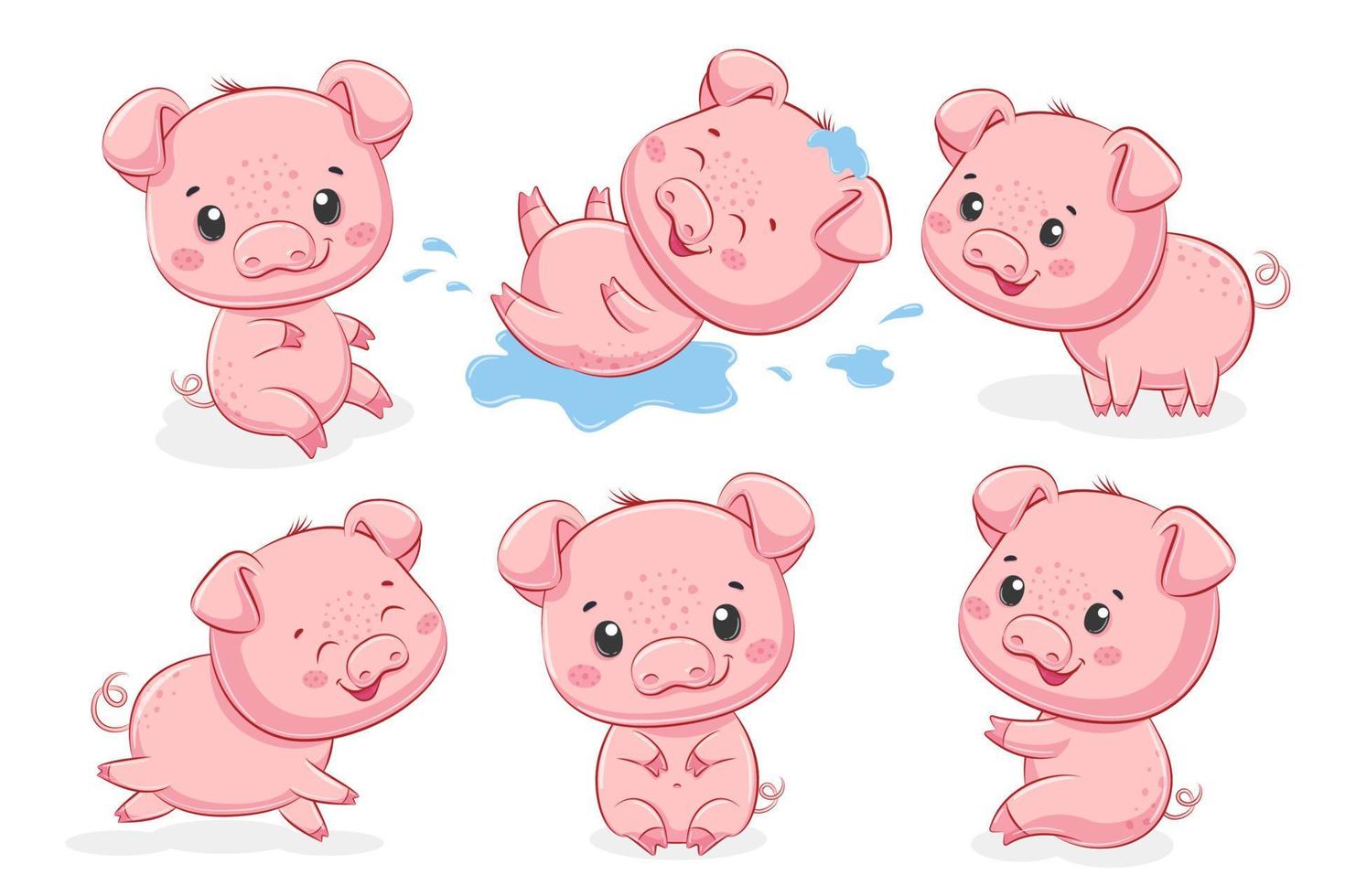 A collection of 6 cute piglets. Vector illustration of a cartoon.