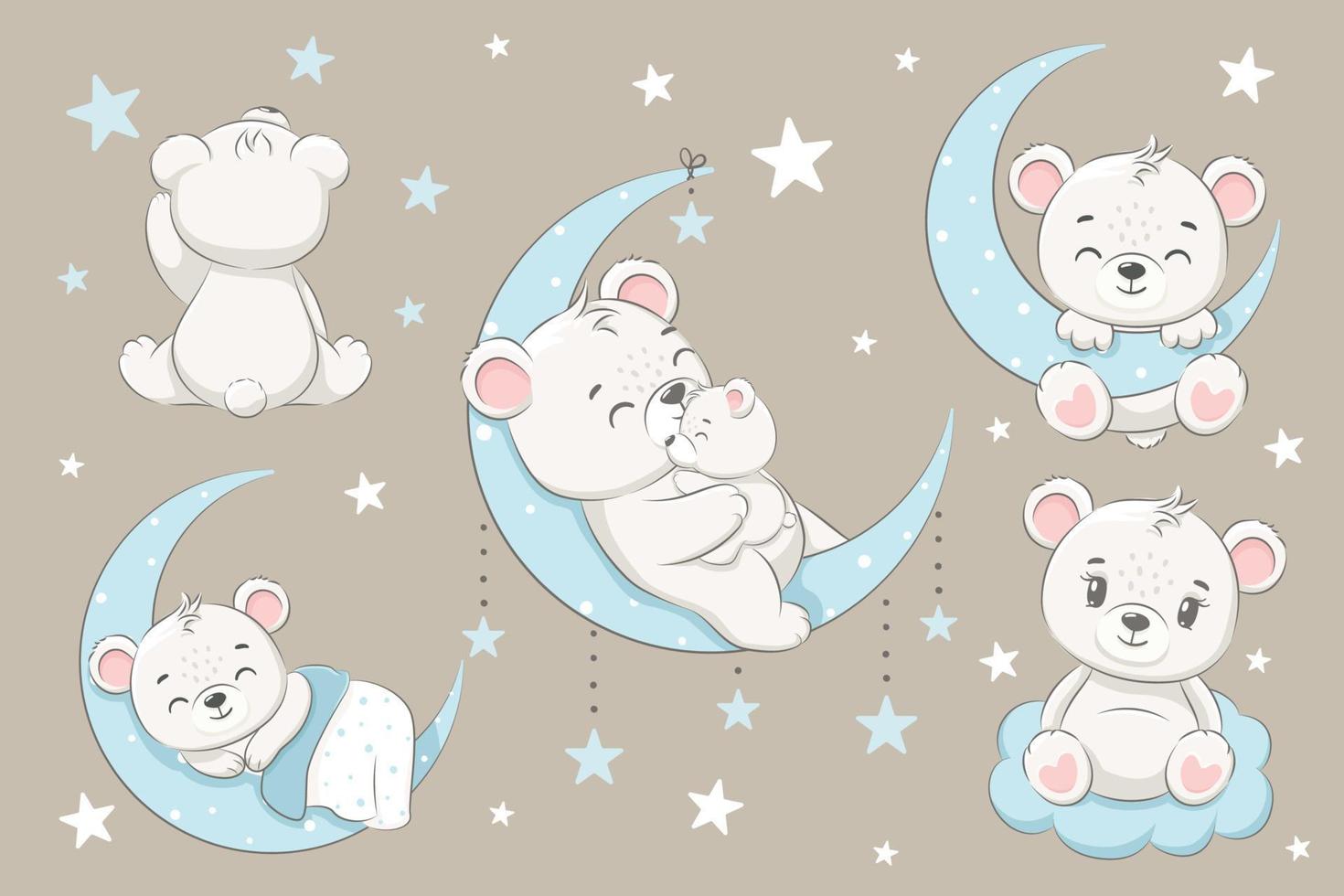 A collection of cute bears, sleeping on the moon, dreaming and flying in a dream on the clouds. Cartoon vector illustration.