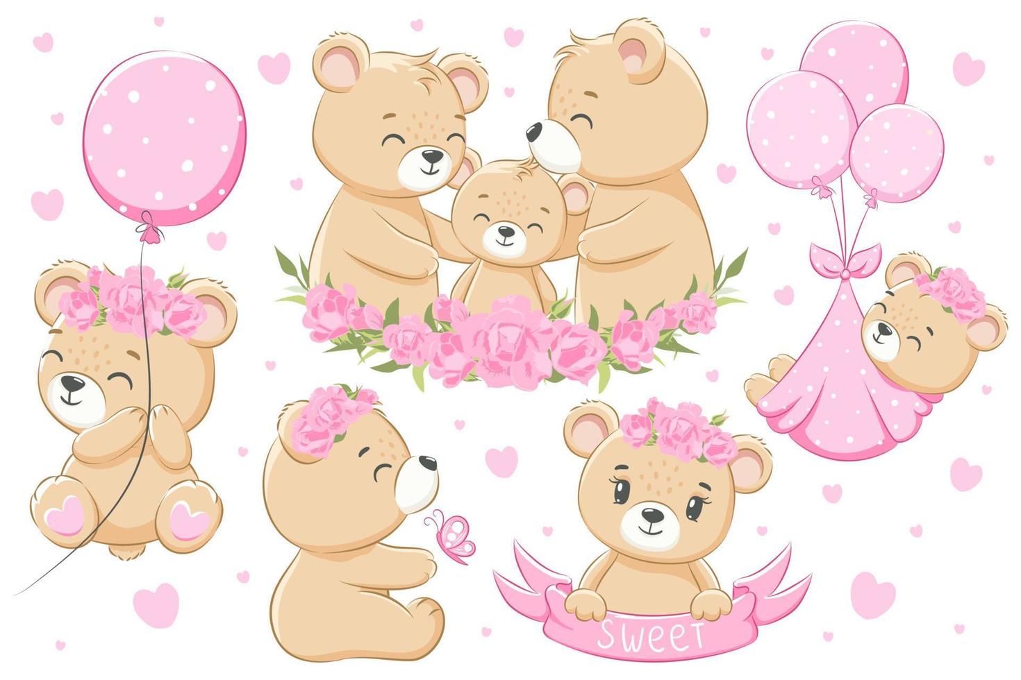 A collection of cute family of bears, for girls. Flowers, balloons and hearts. Cartoon vector illustration.