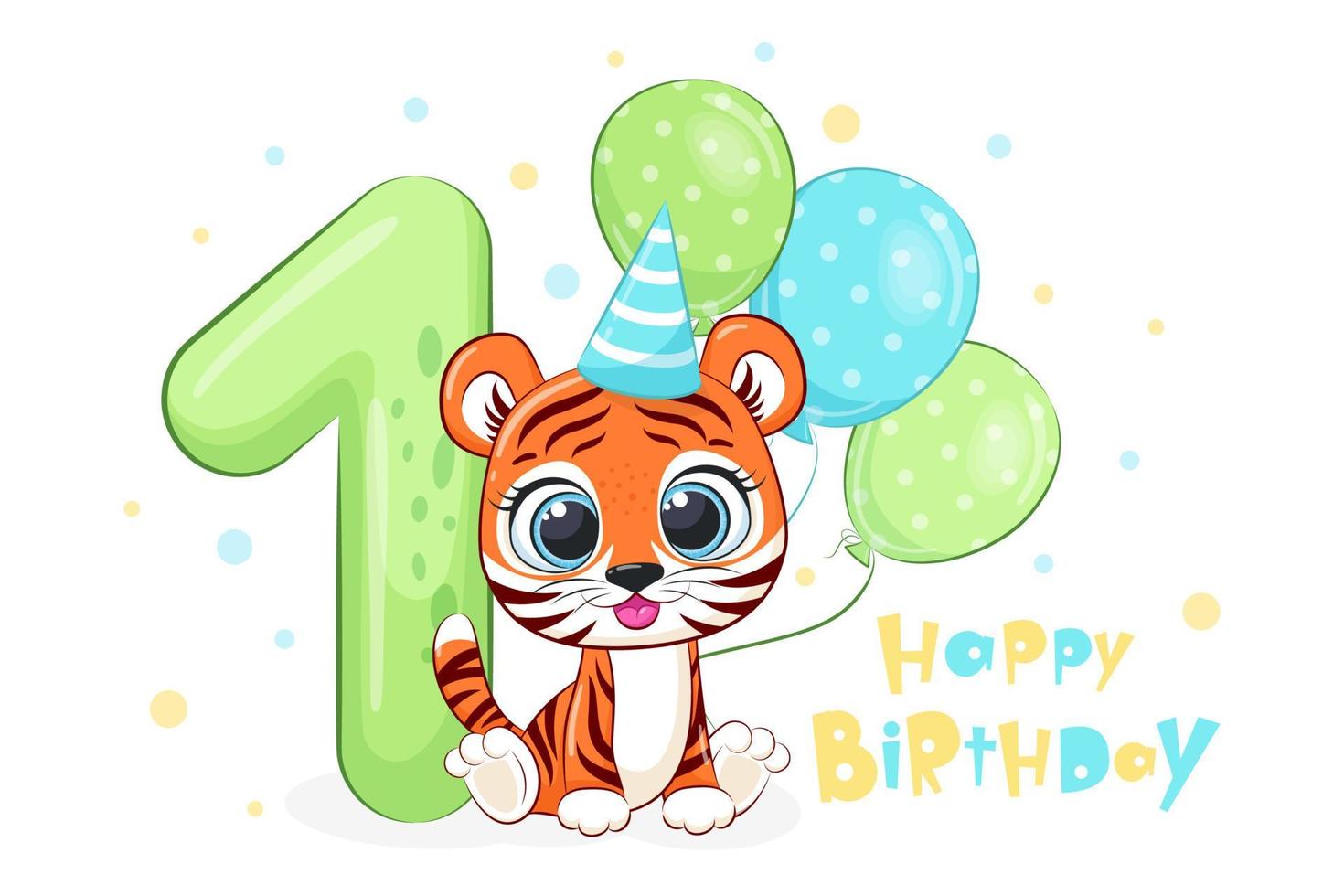 Ilustración de dibujos animados - feliz cumpleaños, 1 año, lindo cachorro de tigre. ilustración vectorial. vector