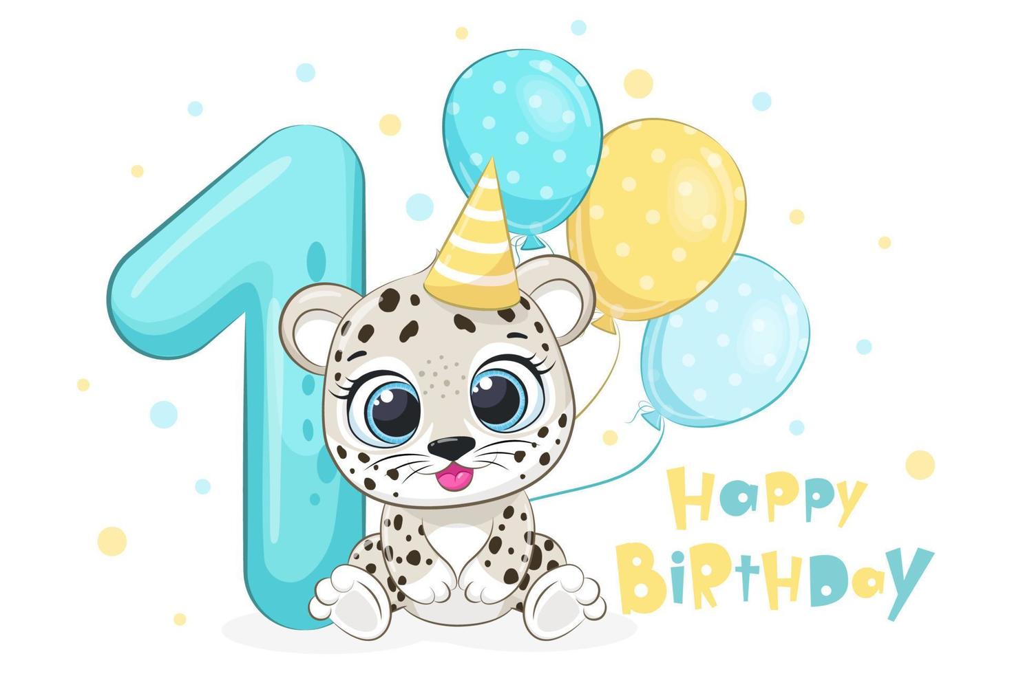 Cartoon illustration - Happy birthday, 1 year, cute lion cub. Vector illustration.