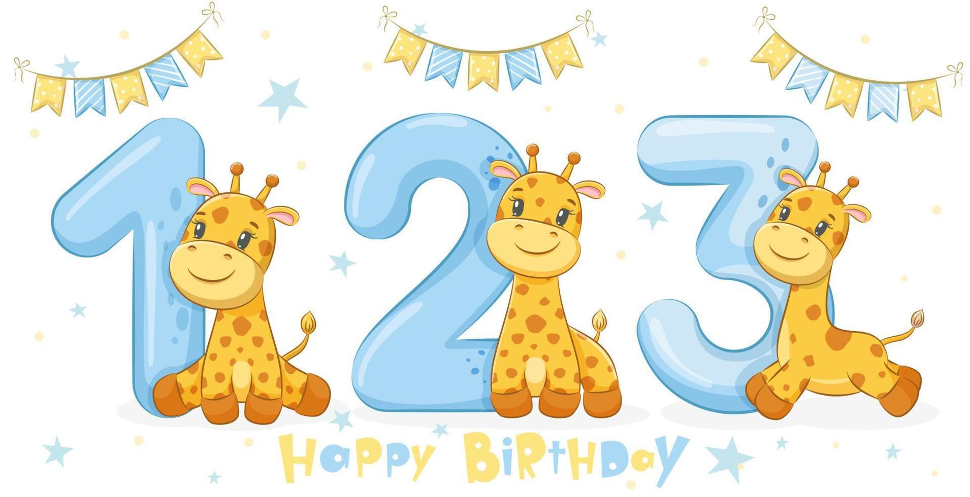 Collection of 3 cute giraffes - Happy birthday, 1,2,3 years. Vector illustration of a cartoon.