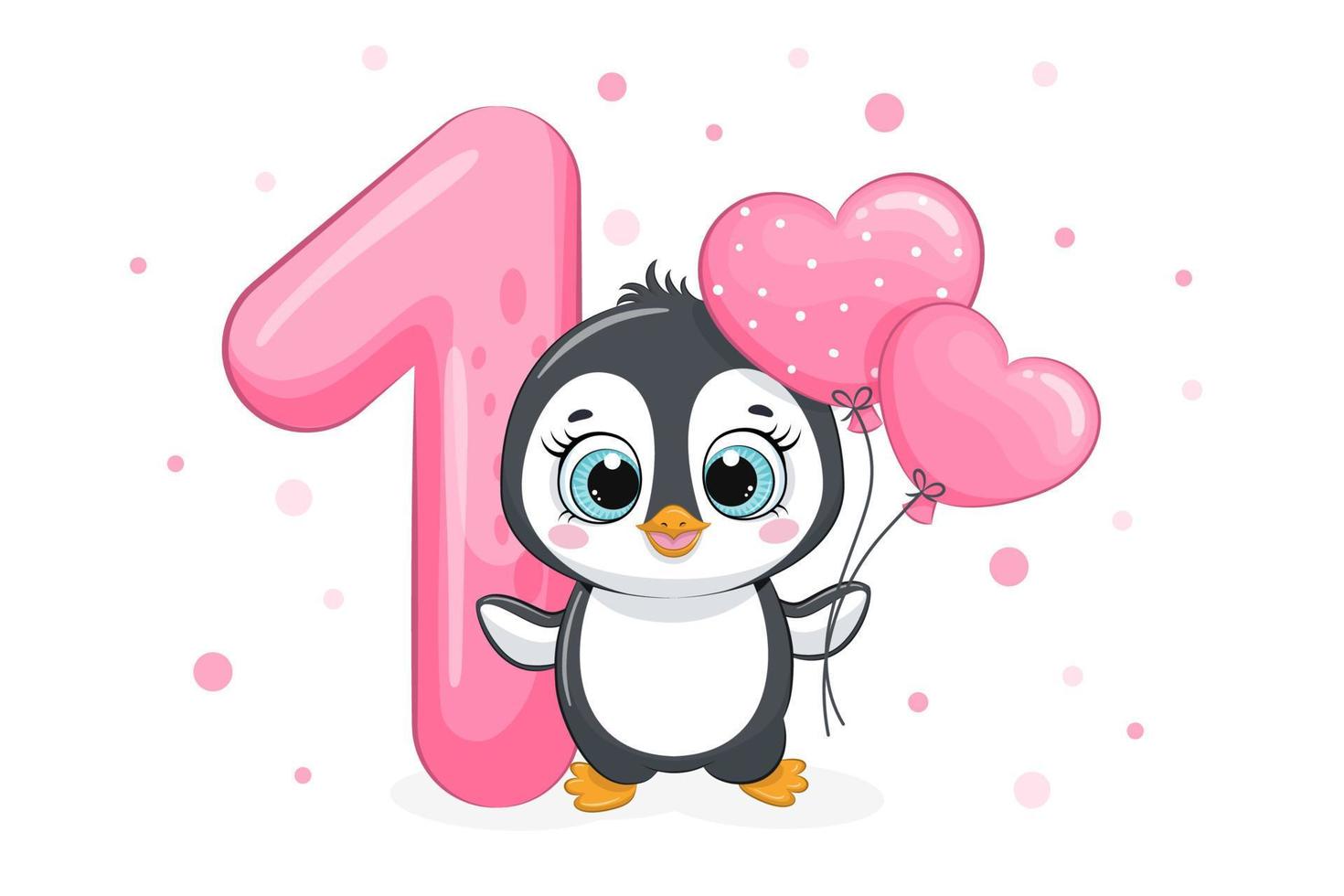 Cartoon illustration - Happy birthday, 1 year, cute penguin. Vector illustration.