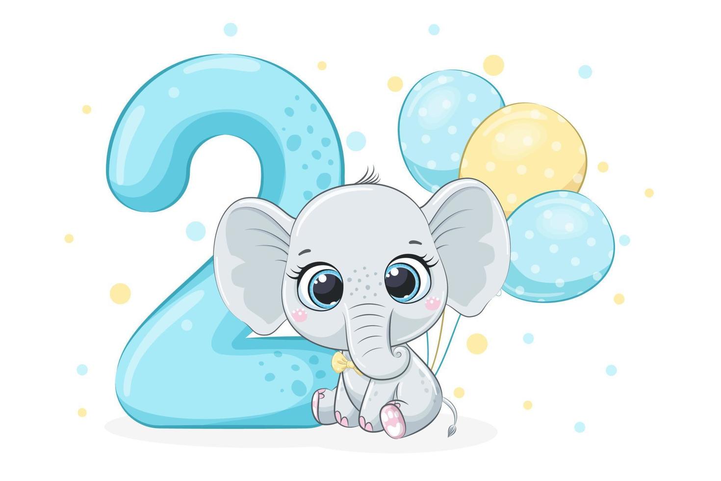 Cartoon illustration - Happy birthday, 2 year, cute baby elephant. Vector illustration.