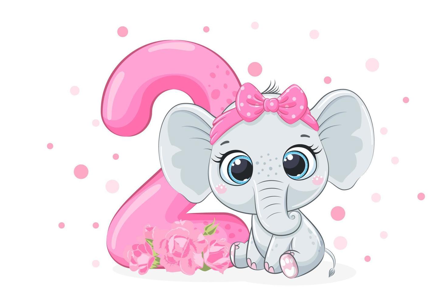 Cartoon illustration - Happy birthday, 2 year, a cute baby elephant girl. Vector illustration.