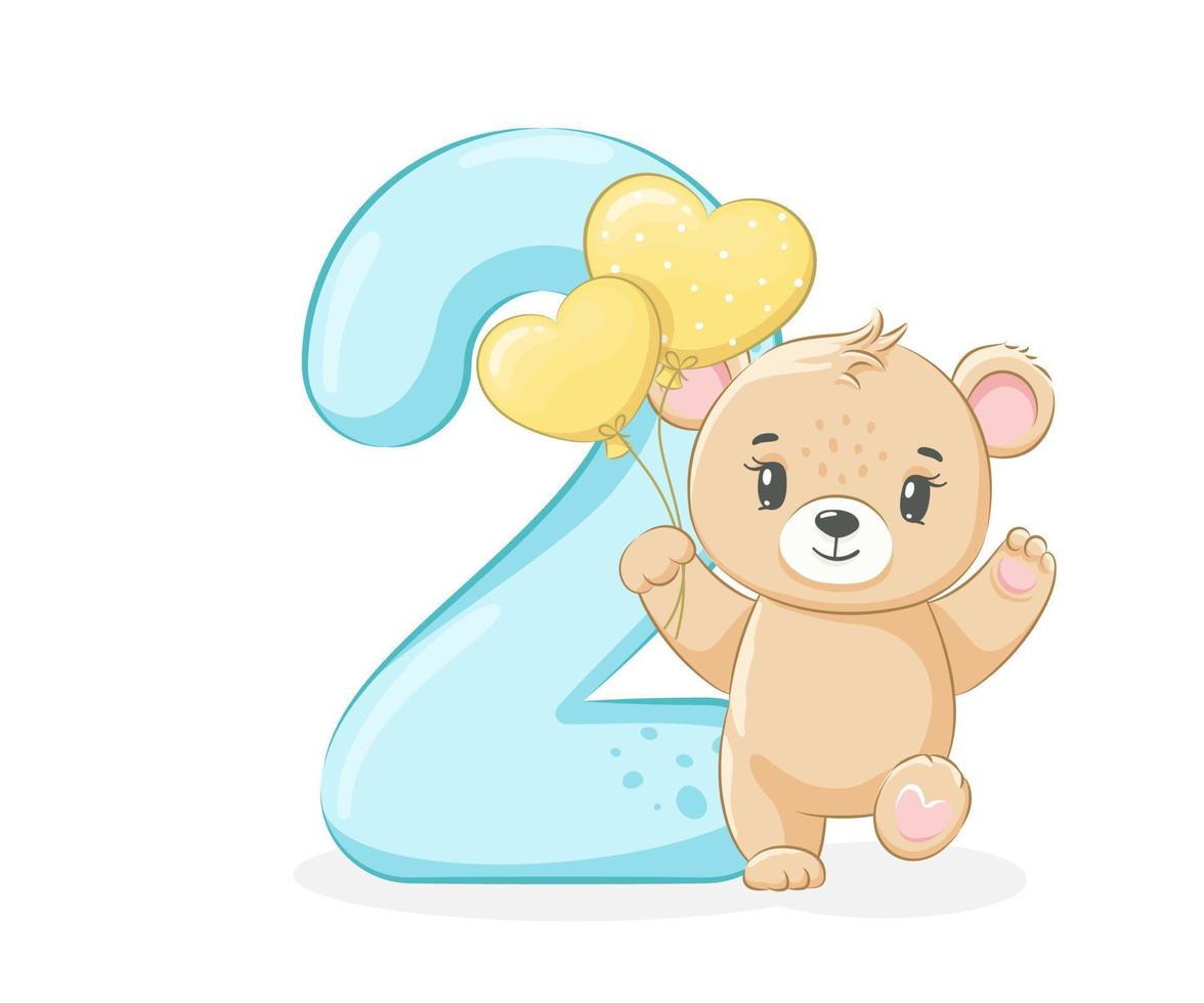 Cartoon illustration - Happy birthday, 2 year, cute baby bear. Vector illustration.