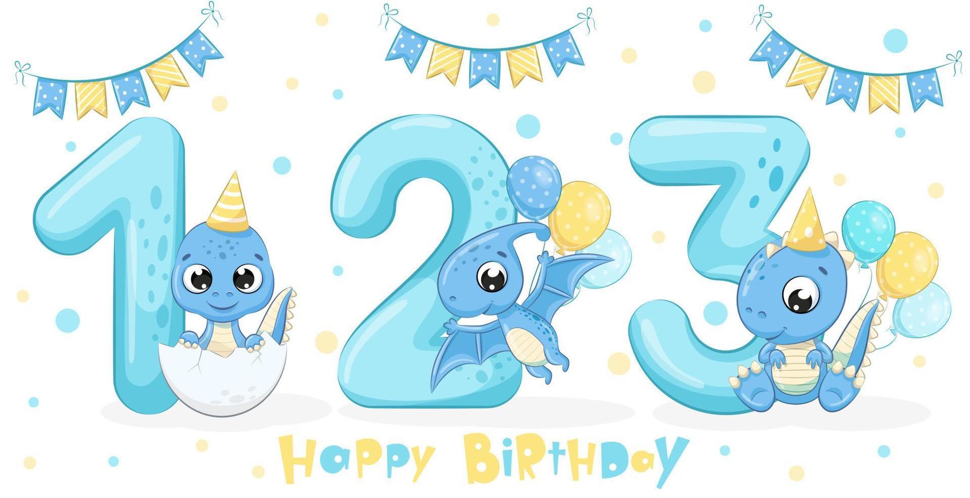 Set of 3 cute blue dinosaurs - Happy birthday, 1,2,3 years. Vector illustration of a cartoon.