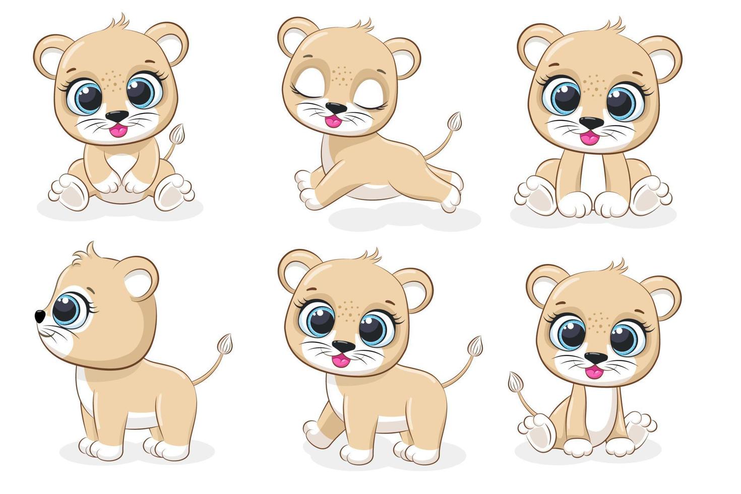 A collection of 6 cute lion cubs. Vector cartoon illustration.