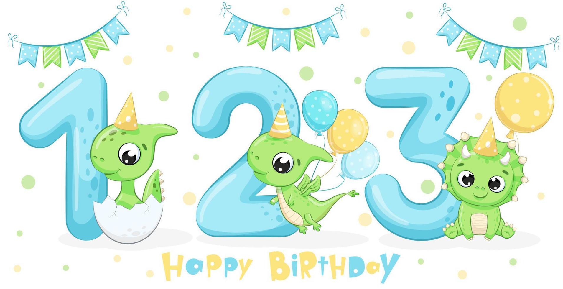 Set of 3 cute green dinosaurs - Happy birthday, 1,2,3 years. Vector illustration of a cartoon.