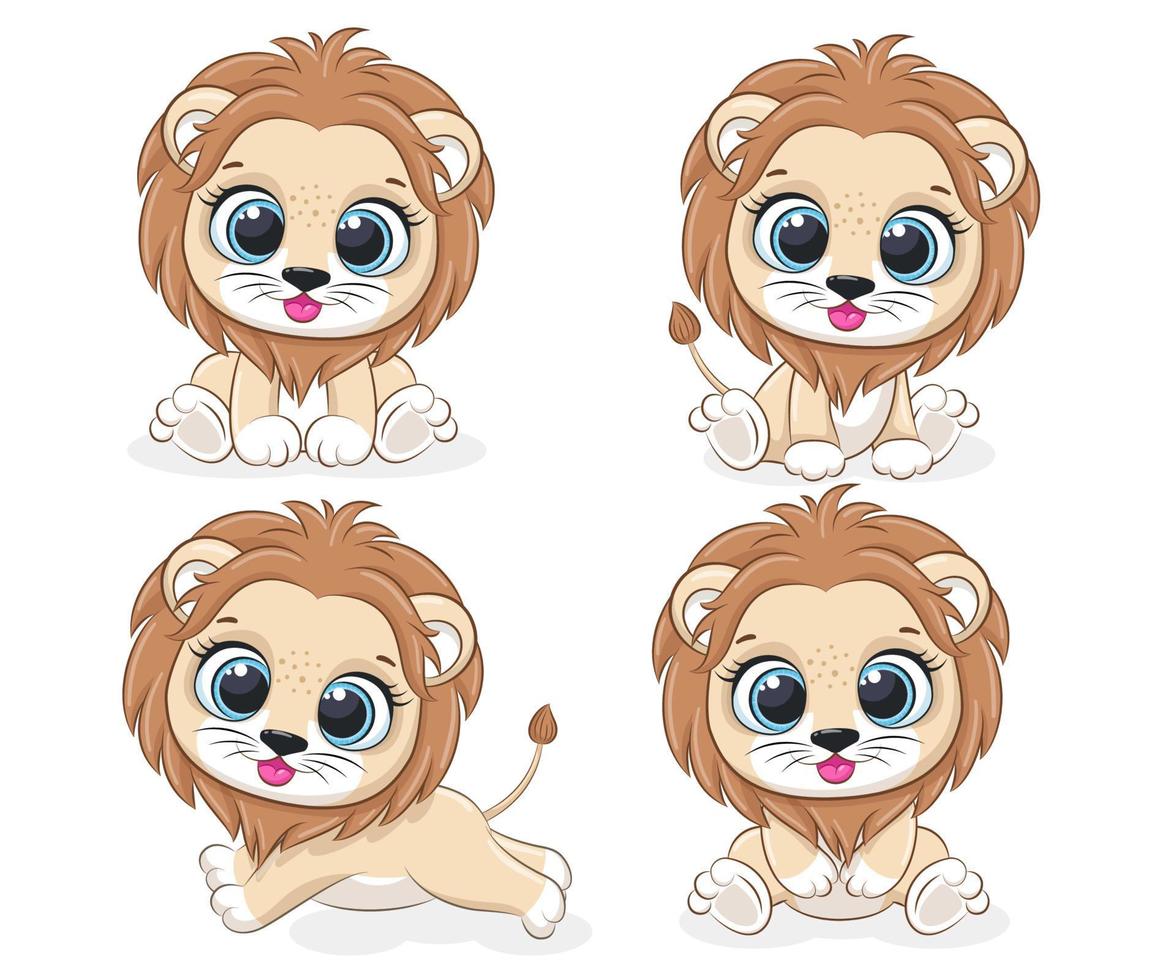 A collection of 4 cute lion cubs. Vector cartoon illustration.