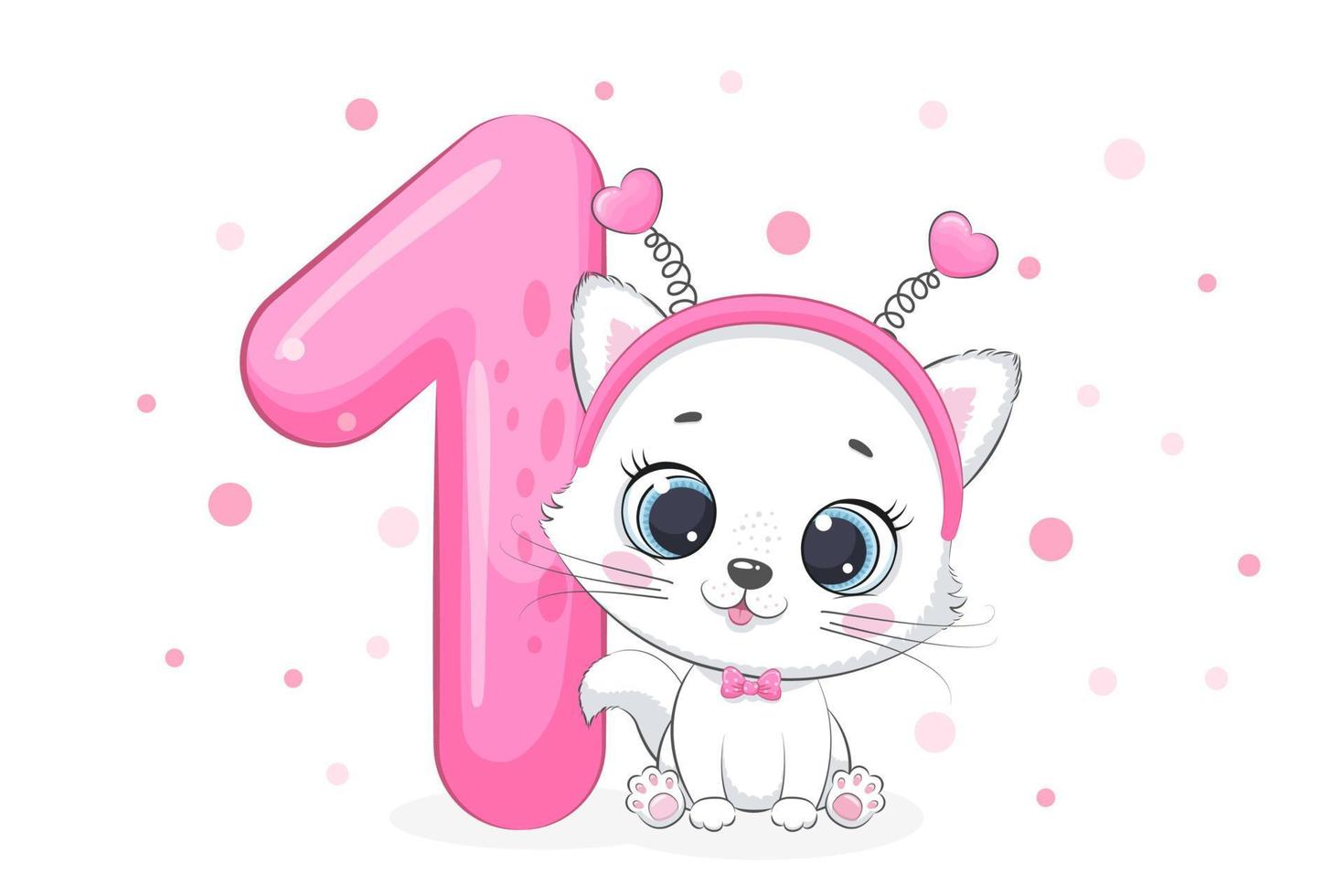 Cartoon illustration - Happy birthday, 1 year, cute kitten. Vector illustration.