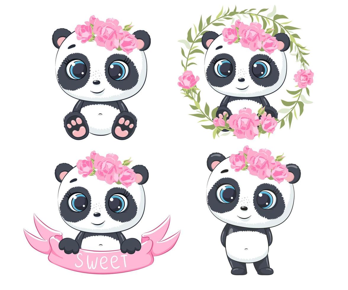 A set of cute and sweet pandas. Vector illustration of a cartoon.