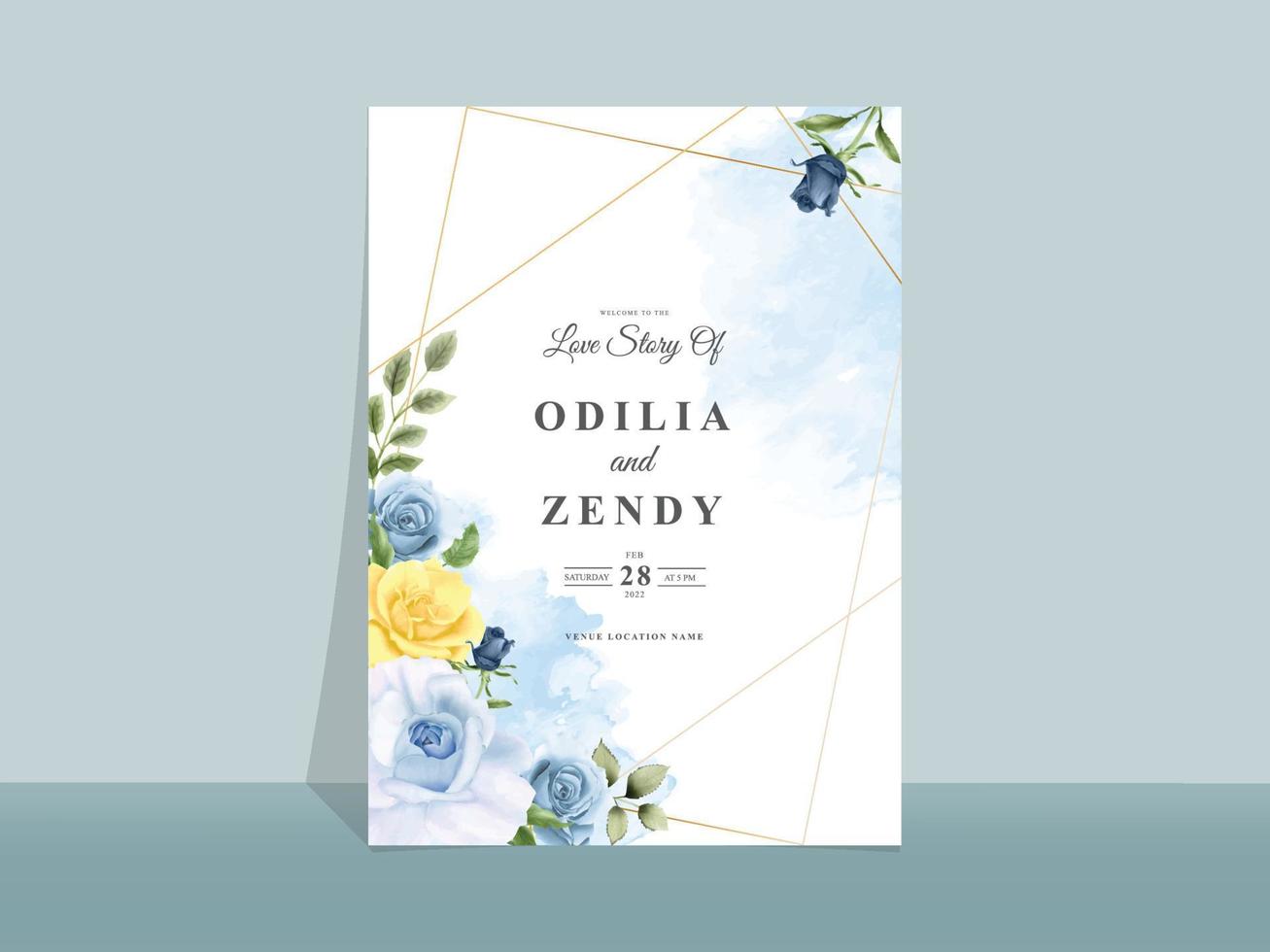 Wedding invitation card with beautiful blue and yellow flowers vector