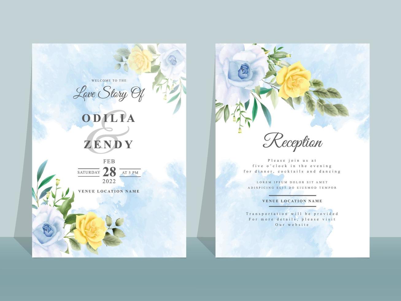 Wedding invitation card with beautiful blue and yellow flowers vector