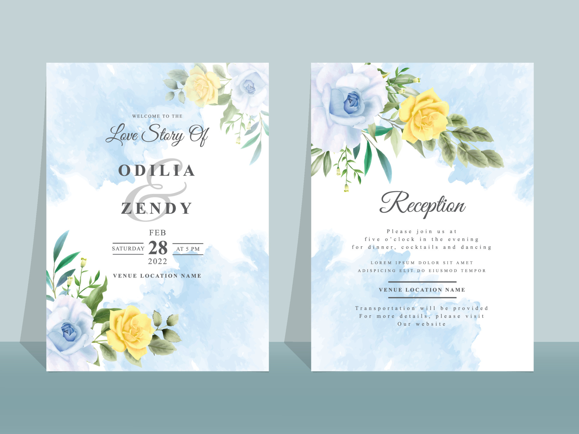 Wedding invitation card with beautiful blue and yellow flowers 5002195