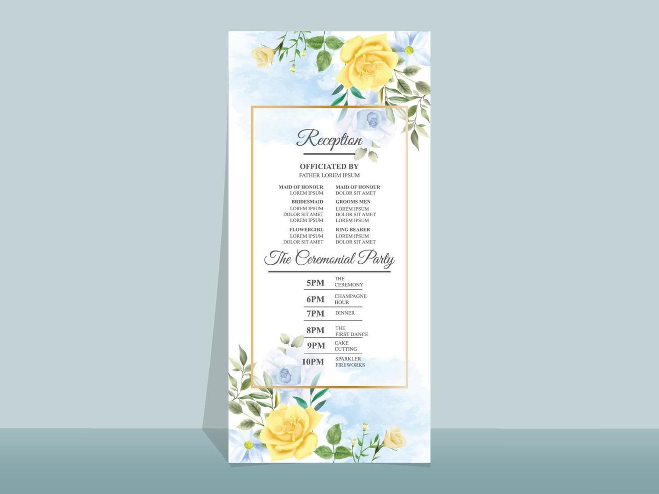 Wedding invitation card with beautiful blue and yellow flowers vector