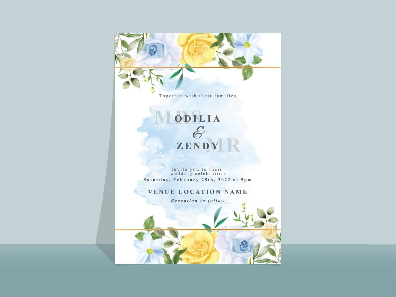 Wedding invitation card with beautiful blue and yellow flowers vector