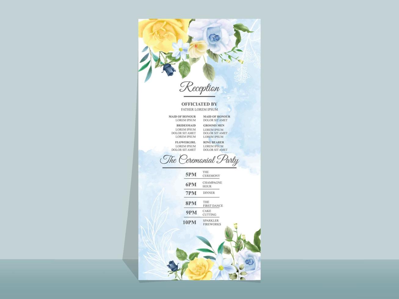 tarjeta de invitación de boda con hermosas flores azules y amarillas vector