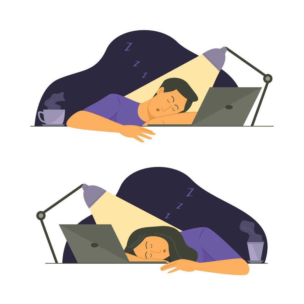 Man and Woman Sleeping While Working from Home on the Night Time. vector