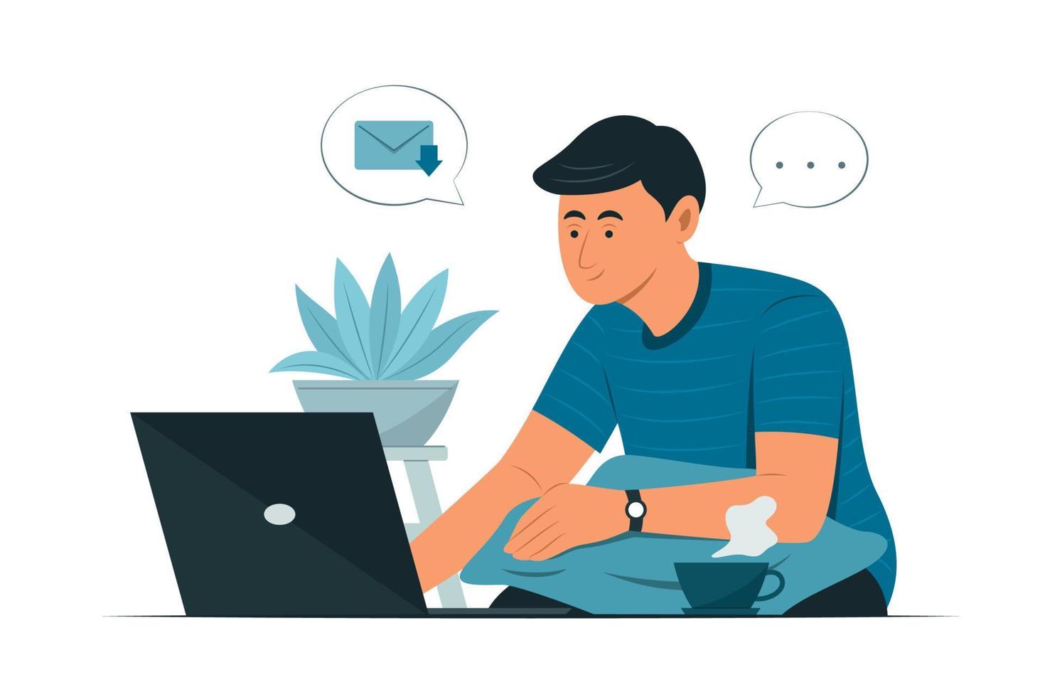 Freelance Man Online Working from Home. vector