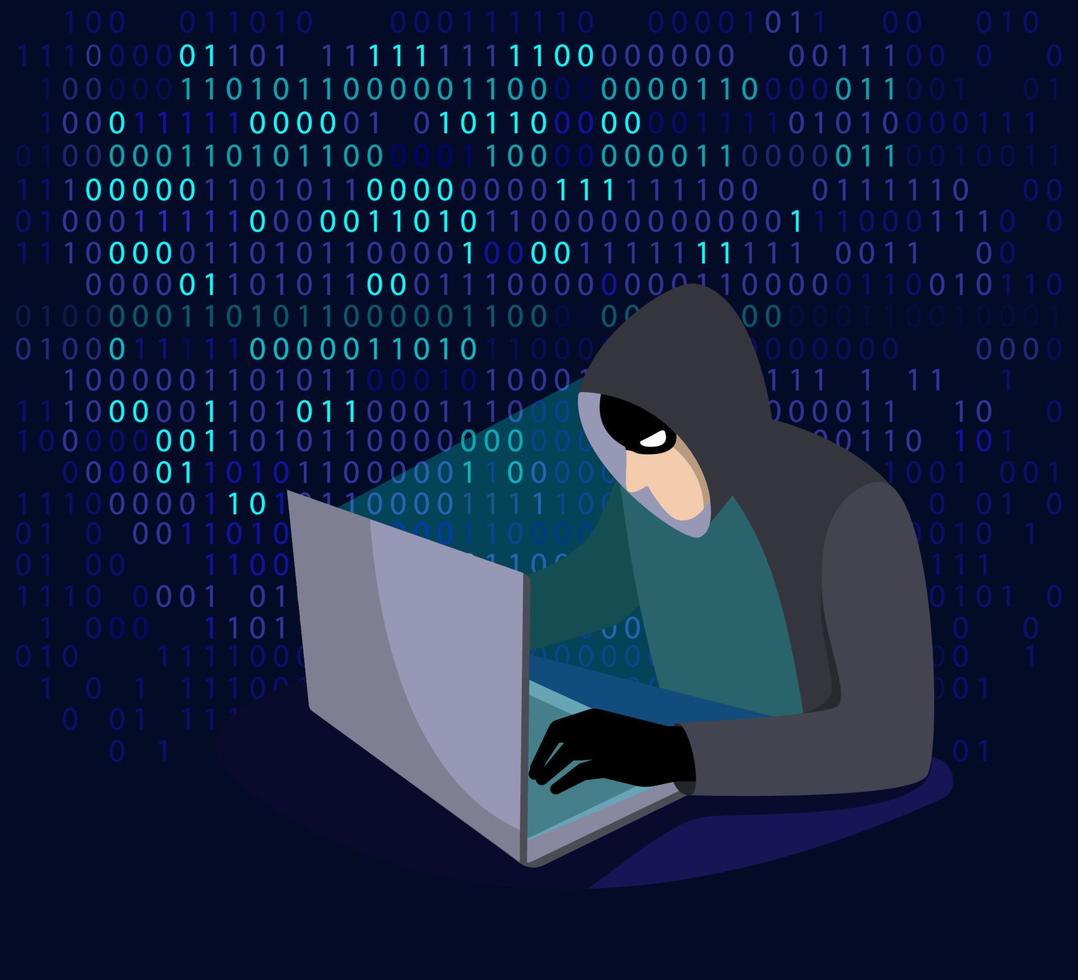 A hacker with a laptop. Web crime with password hacking and identity theft, software bugs, viruses and spam. The concept of phishing, online fraud, cybercrime, and web protection. Vector illustration.