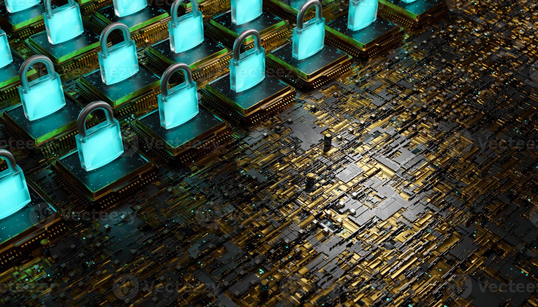 electronic board with microchips and luminous padlocks on top. blockchain concept photo