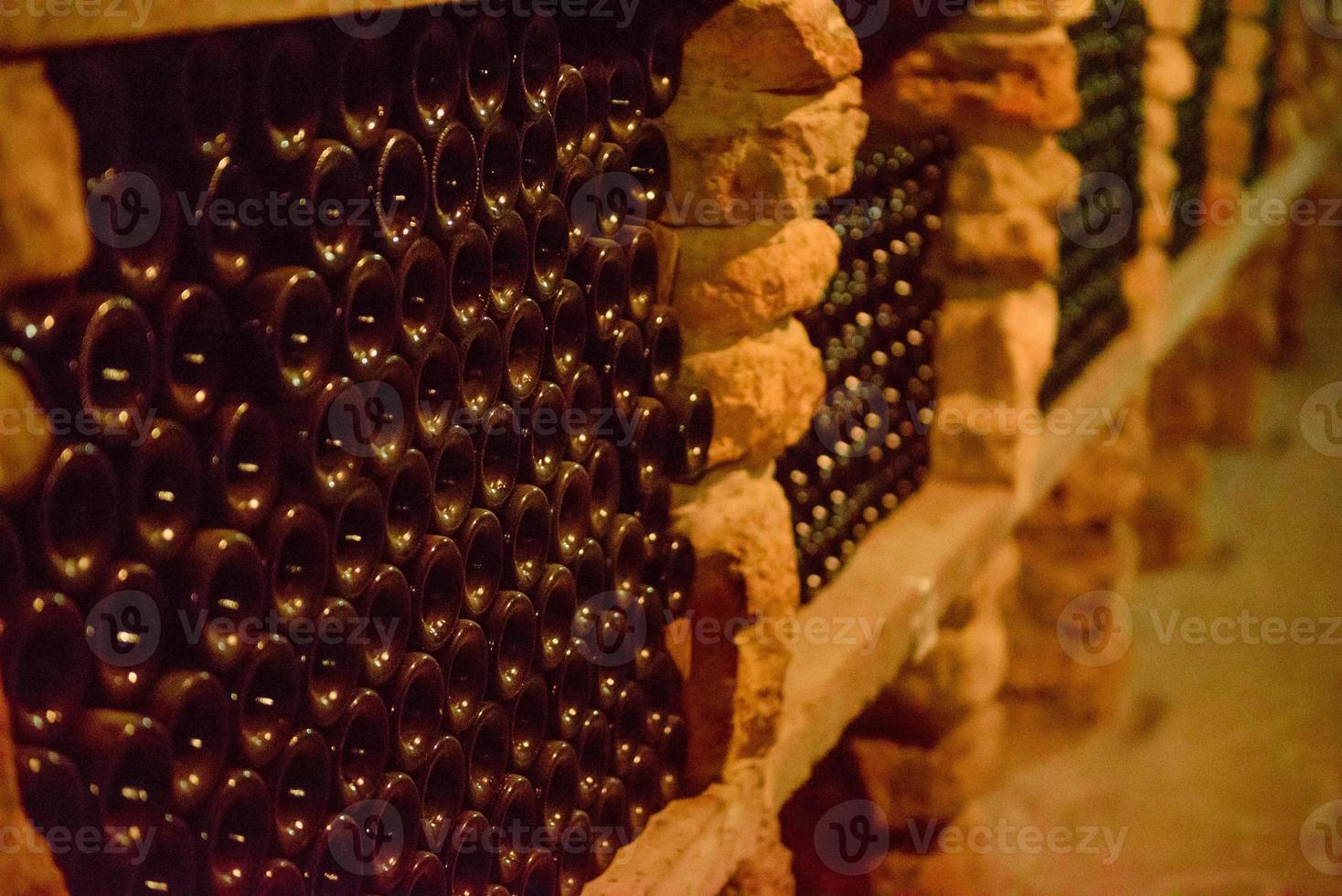 Red wine bottles in a cellar photo