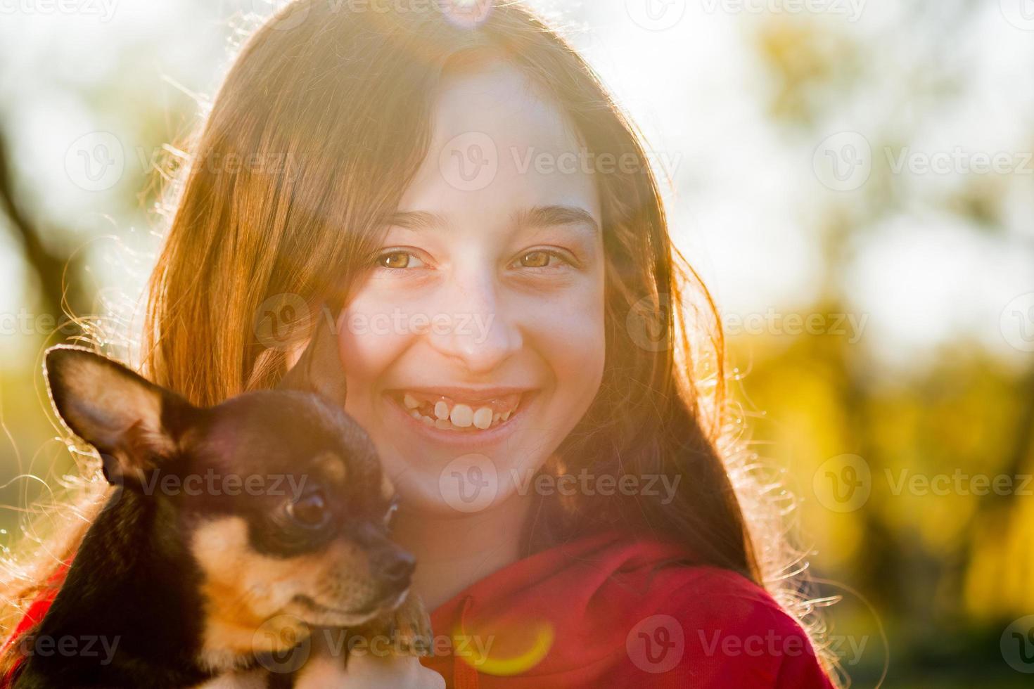 una adolescente con un perro chihuahua negro en el fondo de la naturaleza en un día soleado. humano y mascota foto