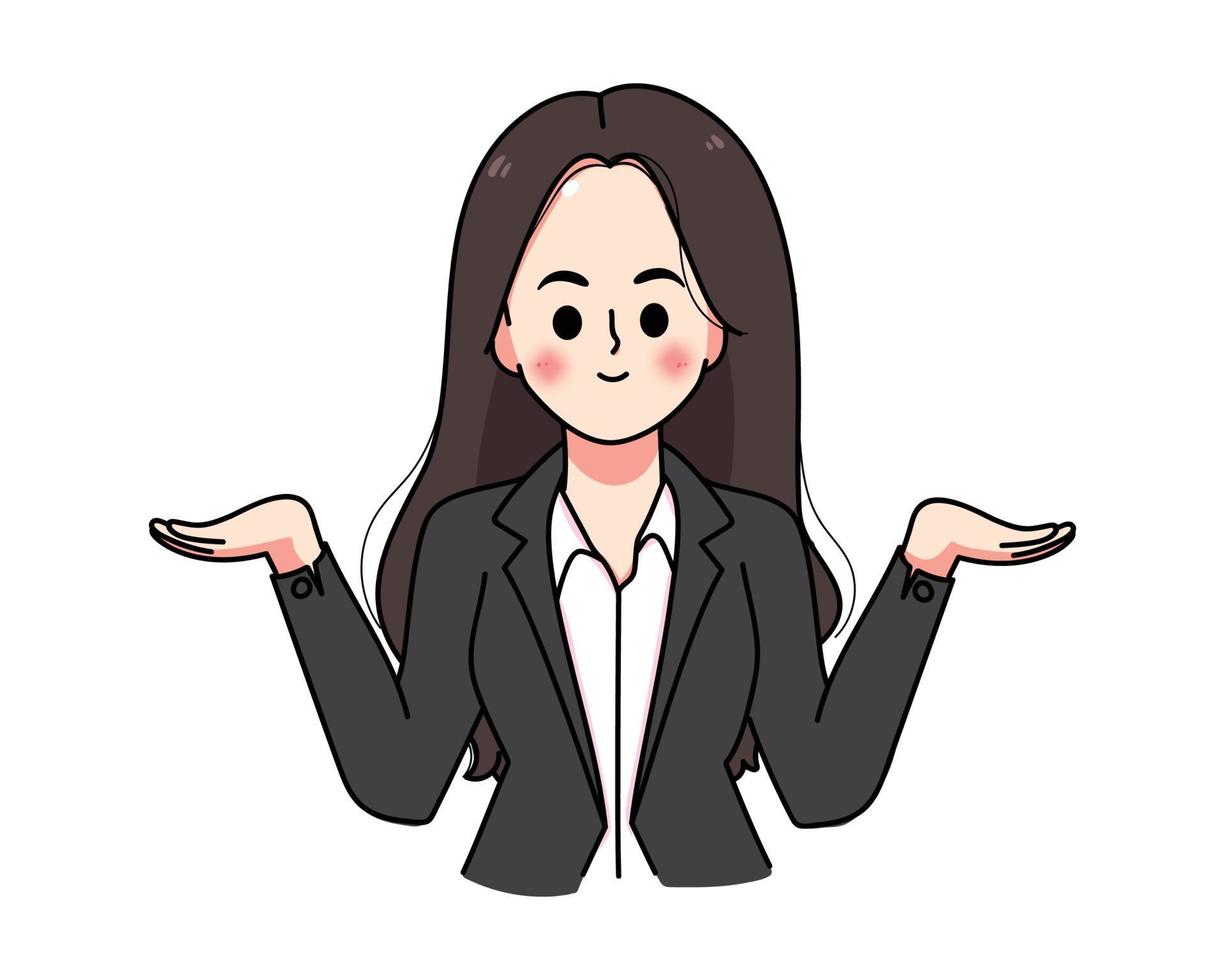 Young businesswoman points hands to presented to copy space hand drawn cartoon art illustration vector