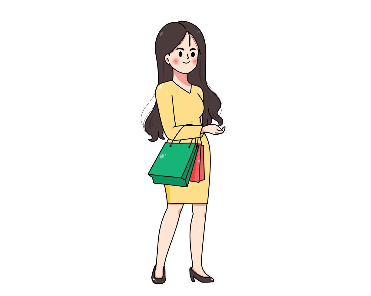 Beautiful woman carrying shopping bags hand drawn cartoon art illustration vector