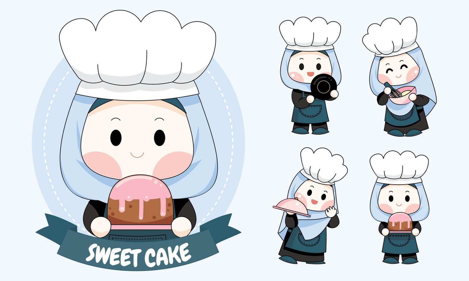 cute muslimah girl chef logo bundle vector