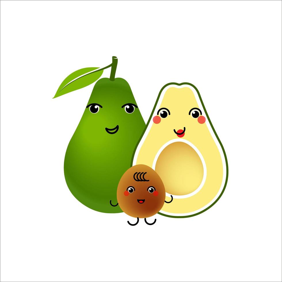 Avocado characters design on white background. Funny cute happy smiling couple of avocado with kid. Vector illustration.