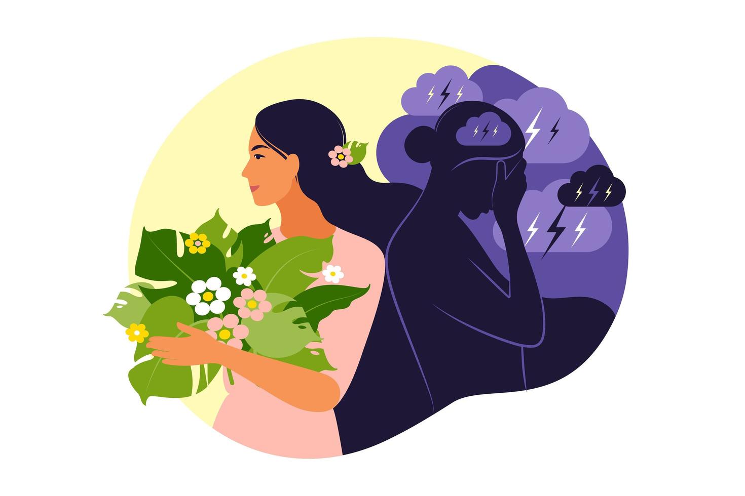 Psychotherapy or psychology support concept. Two woman different states of consciousness mind - depression and positive mental health mood. Vector illustration. Flat