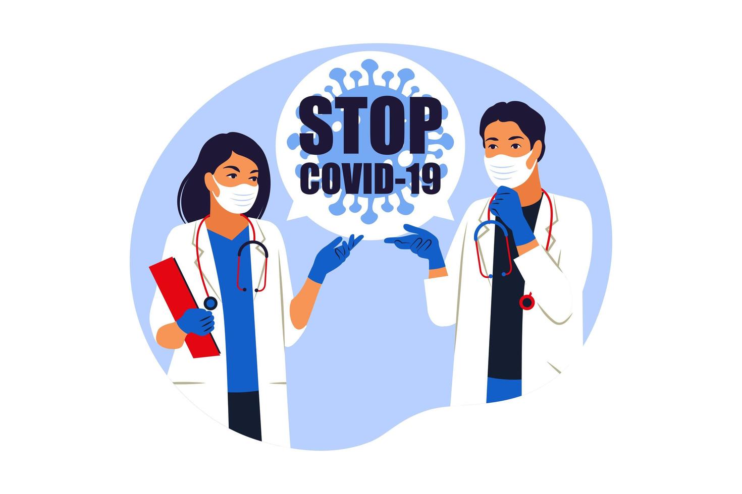 detener el virus covid19. nueva cepa de coronavirus. Los médicos jóvenes practicantes consultan y diagnostican. ilustración vectorial. plano. vector