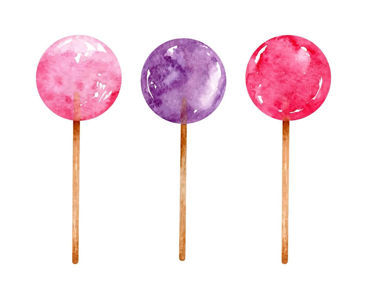 Set of watercolor lollipops. Pink and violet candy on sticks isolated on white background. Hand-drawn illustration. Perfect for your project, cards, prints, covers, menu, patterns. vector