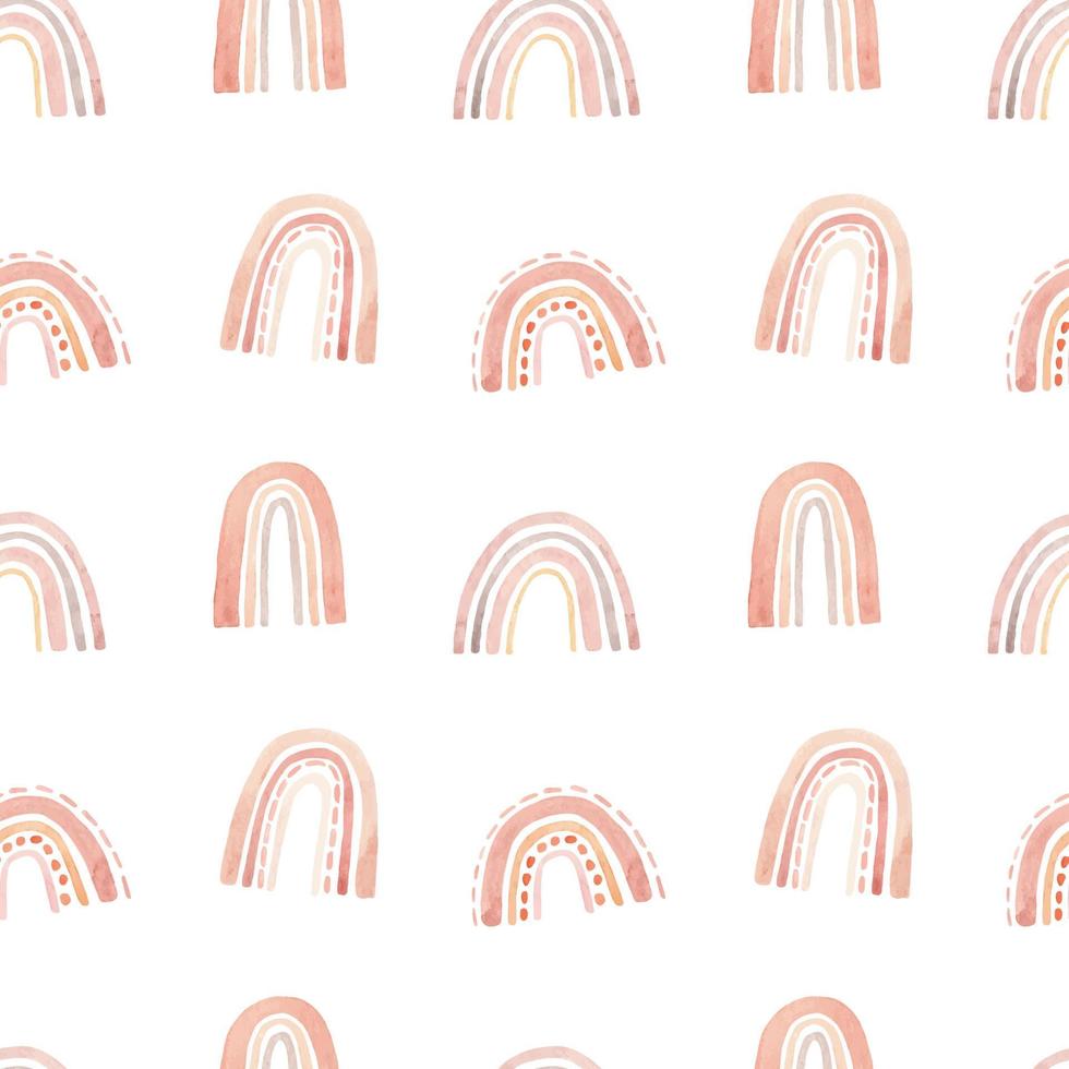 Cute seamless pattern with pink simple rainbows. Watercolor hand-drawn illustration. Perfect for textile, fabrics, wrapping paper, linens, invitations, cards, prints, nursery decor, covers. vector