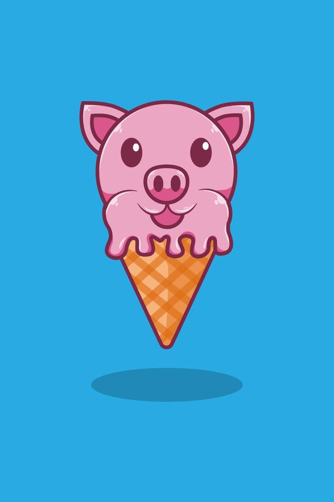 Pig with ice cream cartoon illustration vector