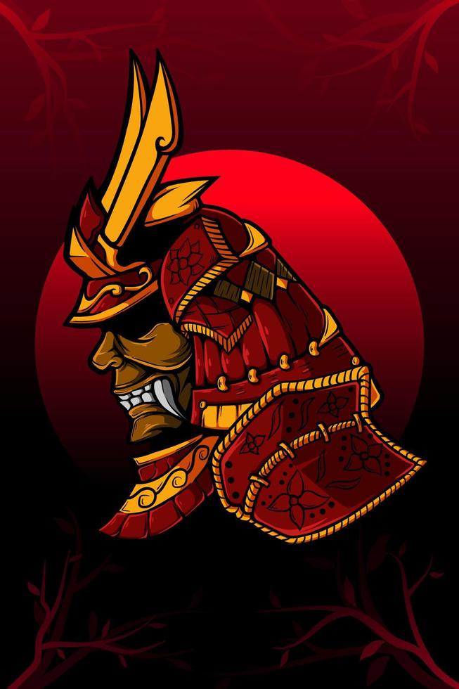 Samurai and red moon vector illustration