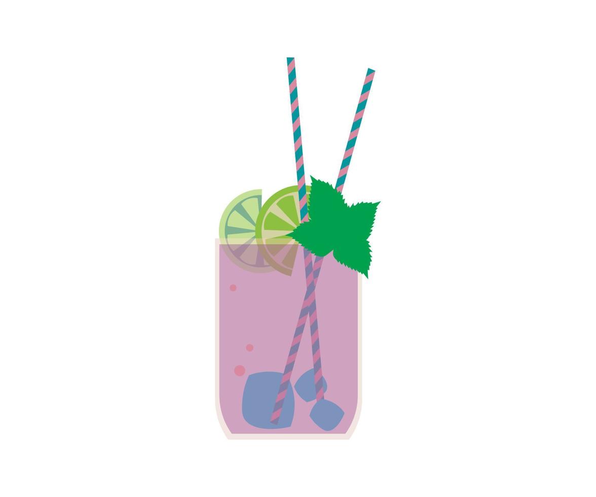 a glass with a cocktail with lime, mint and ice vector