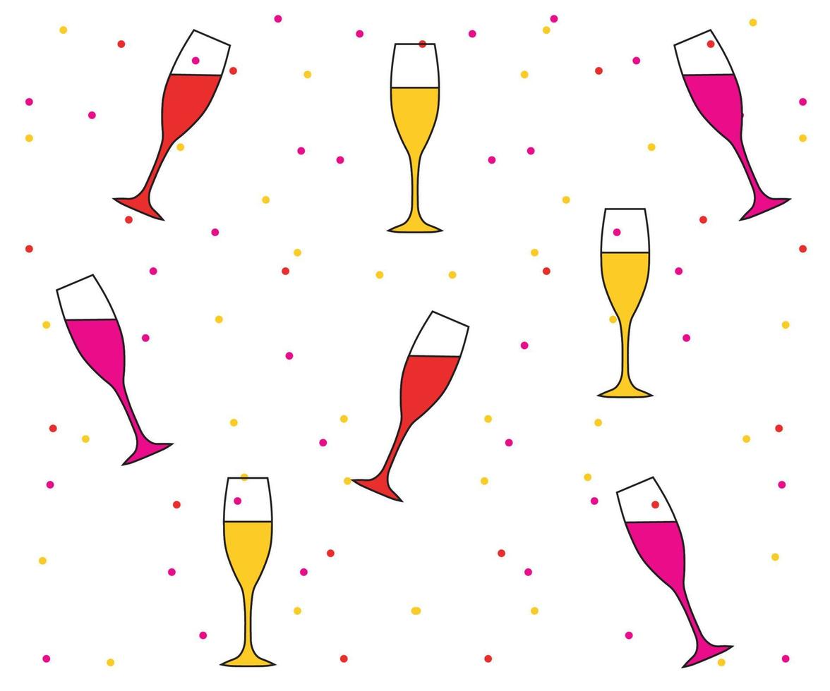 Patrón festivo sin fisuras de copas de vino multicolores con bebidas y confeti vector