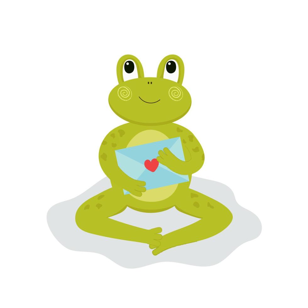 Cute love frog in cartoon style on a white background with a love letter in its paws. Illustration for Valentine's Day vector