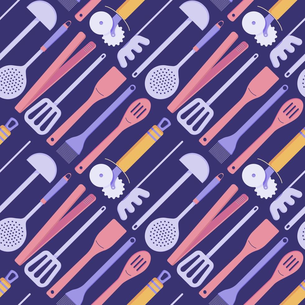 Seamless pattern with kitchen appliances for cooking, ladles, spatulas, spoons and tongs on a purple background vector